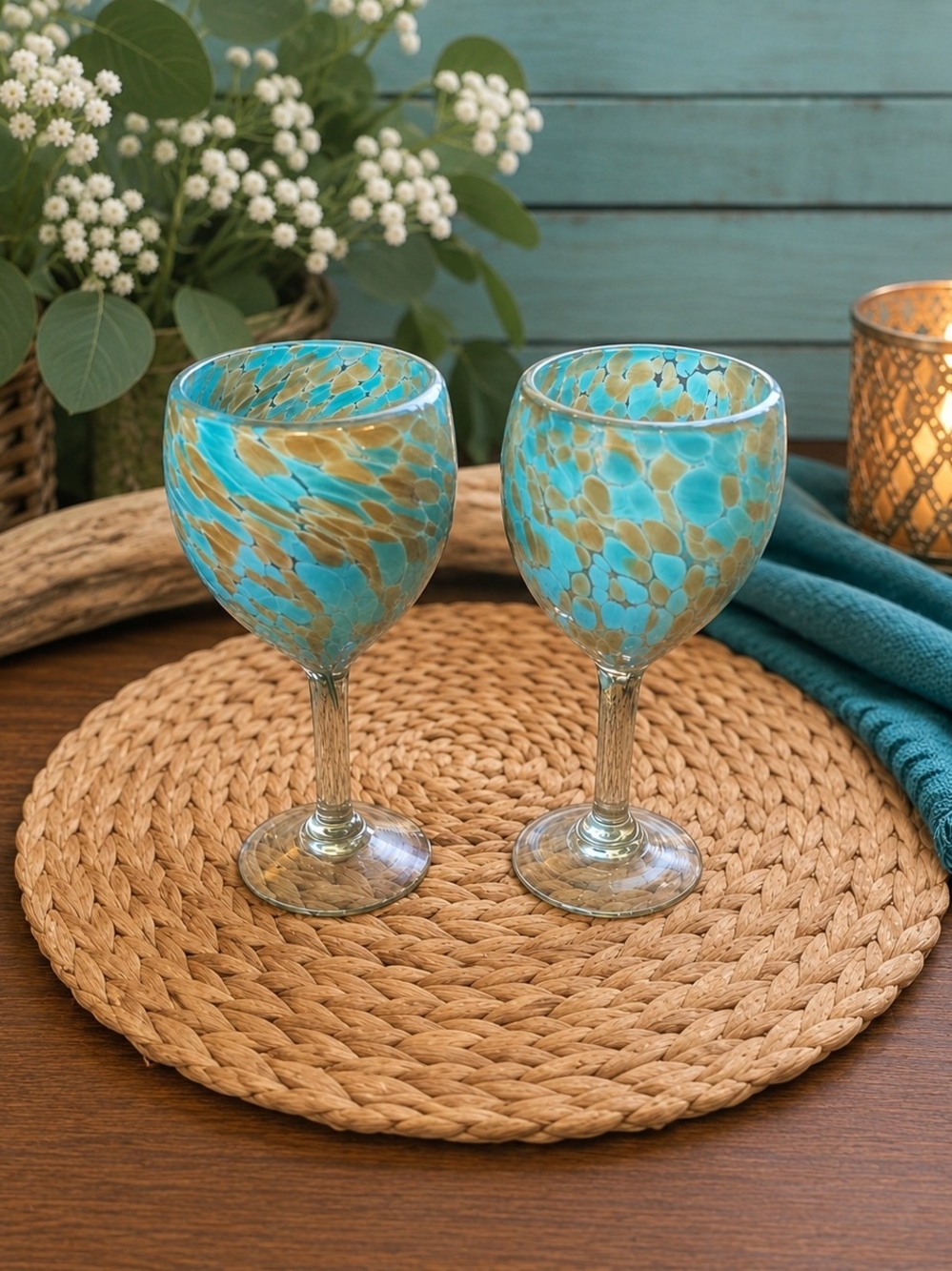 Hand Blown Art Glass Wine Goblets Pair Turquoise Tan Pebble Mosaic Coastal Boho